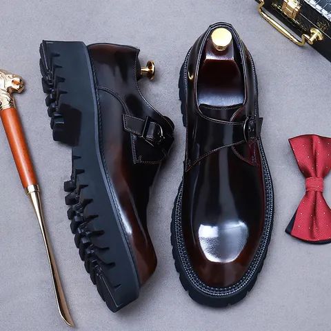 Men Business Formal Genuine Leather Monk Strap Shoes Polished Patent Finish Platform British Gentleman Dress Shoes For Wedding Office