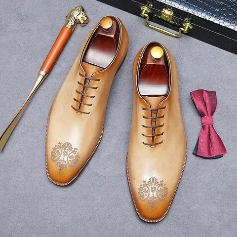 Men's Business Formal Oxford Shoes Genuine Cowhide Leather Laser Carved Lace Up British Style Wedding Party Dress Shoes