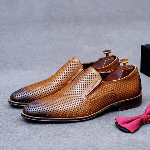 Men Business Casual Hollow Out Cowhide Leather Loafers Breathable Slip On Formal Shoes For Wedding Office Party Gentlemen Style
