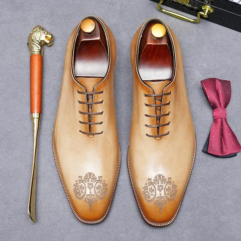Men's Business Formal Oxford Shoes Genuine Cowhide Leather Laser Carved Lace Up British Style Wedding Party Dress Shoes