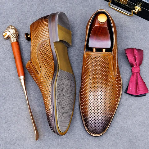 Men Business Casual Hollow Out Cowhide Leather Loafers Breathable Slip On Formal Shoes For Wedding Office Party Gentlemen Style