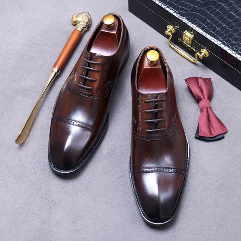 Men Business Oxford Shoes Premium Cowhide Leather Brogue Carved Cap Toe Lace Up Formal Gentleman Dress Shoes Office Wedding Party