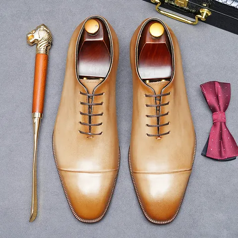 Men's Genuine Cowhide Leather Oxford Shoes Cap Toe Business Formal Dress Shoes Breathable Cowhide Lining Wedding Party Footwear