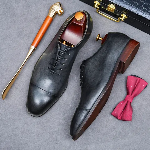 Men's Genuine Cowhide Leather Oxford Shoes Cap Toe Business Formal Dress Shoes Breathable Cowhide Lining Wedding Party Footwear