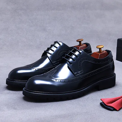 Men Business Derby Shoes Top Grain Cowhide Leather Brogue Wingtip Polished Formal Dress Shoes For Wedding Office British Style