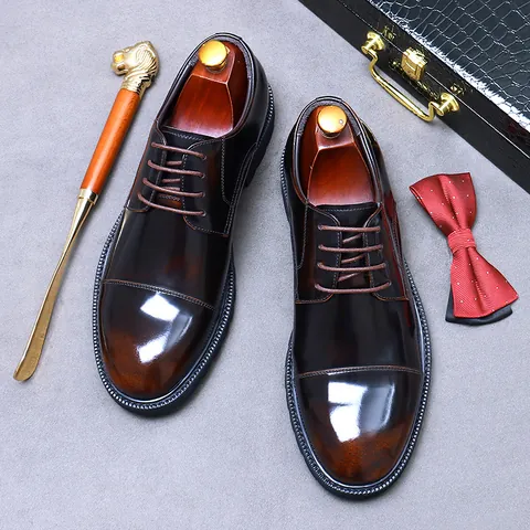 Herren Business Lederschuhe Aus Kopfschicht Rindsleder Cap Toe Glänzende Derby Schuhe Für Hochzeit Büro Dicke Gummisohle Gentleman