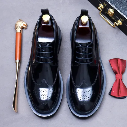 Men's Handcrafted Top Grain Leather Brogue Derby Shoes British Vintage Carved Dress Shoes Height Increasing Formal Shoes