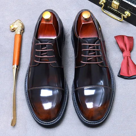 Herren Business Lederschuhe Aus Kopfschicht Rindsleder Cap Toe Glänzende Derby Schuhe Für Hochzeit Büro Dicke Gummisohle Gentleman