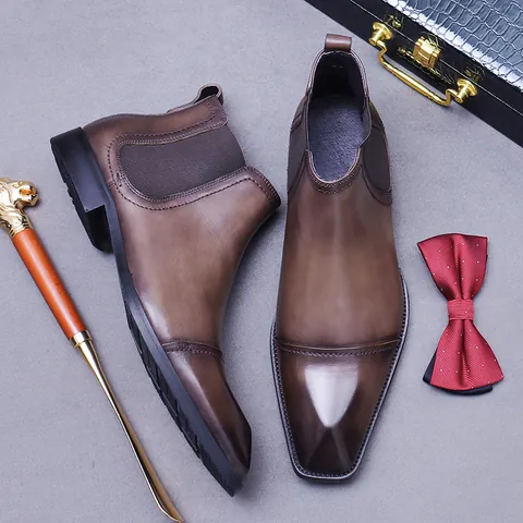 Handmade Top Grain Cowhide Chelsea Boots For Men Genuine Leather Business Dress Shoes Retro Square Toe Slip On Work Boots Ankle Boot Gentleman Footwear
