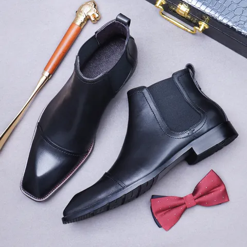 Handmade Top Grain Cowhide Chelsea Boots For Men Genuine Leather Business Dress Shoes Retro Square Toe Slip On Work Boots Ankle Boot Gentleman Footwear