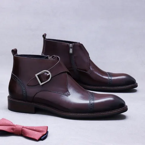 Men's First Layer Cowhide Genuine Leather Martin Boots British Brogue Carving Monk Strap Side Zipper Business Formal Dress Boots