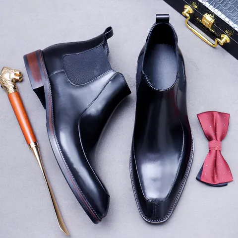 Men's Chelsea Boots Genuine Cowhide Leather Ankle Boots Business Casual British Style Solid Color Slip On Dress Boots