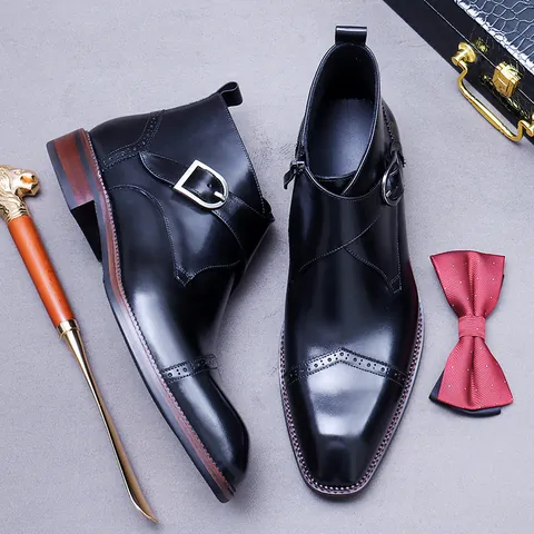 Men's First Layer Cowhide Genuine Leather Martin Boots British Brogue Carving Monk Strap Side Zipper Business Formal Dress Boots