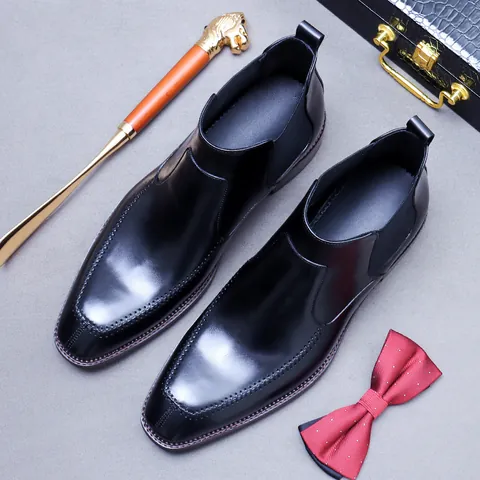 Men Business Chelsea Boots Genuine Cowhide Leather British Style Brogue Stitched Formal Ankle Boots High Gloss Office Dress Shoes