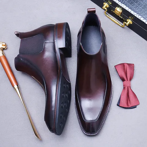 Men's Chelsea Boots Genuine Cowhide Leather Ankle Boots Business Casual British Style Solid Color Slip On Dress Boots