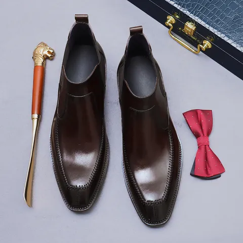 Men Business Chelsea Boots Genuine Cowhide Leather British Style Brogue Stitched Formal Ankle Boots High Gloss Office Dress Shoes