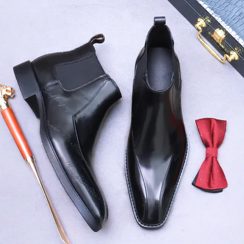 Men's Genuine Cowhide Leather Chelsea Boots Vintage Hand Burnished Patina British Business Formal Dress Shoes With Letter Embossed Design
