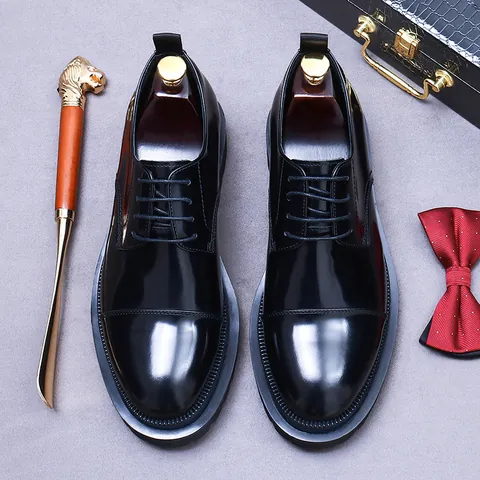 Men's Genuine Leather Derby Shoes Business Casual Platform Formal Dress Shoes Cowhide Round Toe Heightening Low Top Wedding Party
