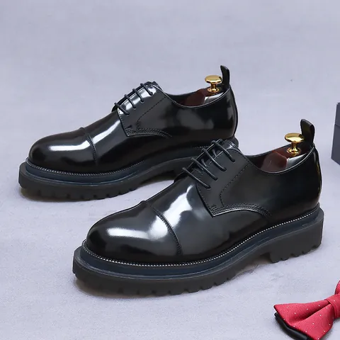 Men's Genuine Leather Derby Shoes Business Casual Platform Formal Dress Shoes Cowhide Round Toe Heightening Low Top Wedding Party