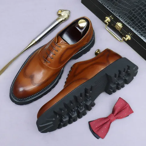 Men British Style Business Formal Shoes First Layer Cowhide Brogue Carving Thick Sole Height Increase Men Oxford Shoes