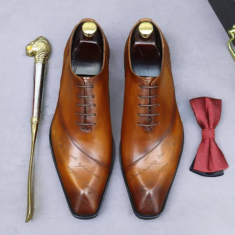 Scarpe Oxford da Uomo in Vera Pelle di Vacchetta Patina Retrò Sfregata a Mano Business Pelle Formale Scarpe Eleganti con Calligrafia