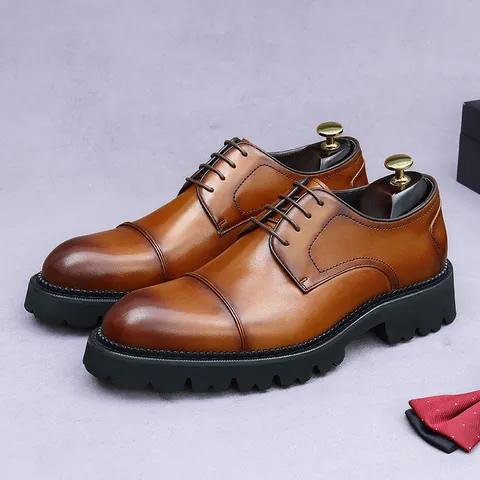 Men Genuine Cowhide Leather Derby Shoes Thick Sole Cap-Toe Heightened Business Shoes For Office Wedding Formal Gentleman