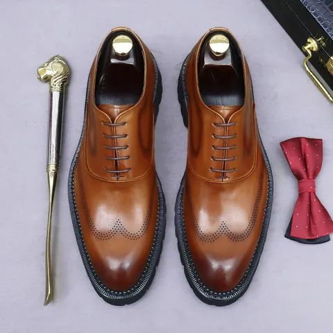 Men British Style Business Formal Shoes First Layer Cowhide Brogue Carving Thick Sole Height Increase Men Oxford Shoes
