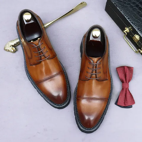 Men Genuine Cowhide Leather Derby Shoes Thick Sole Cap-Toe Heightened Business Shoes For Office Wedding Formal Gentleman