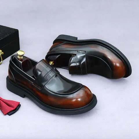 Mocassini Penny da Uomo in Vera Pelle di Vacchetta Scarpe Stringate da Business Finitura Lucida Sfregata Suola Spessa Scarpe da Matrimonio Formali
