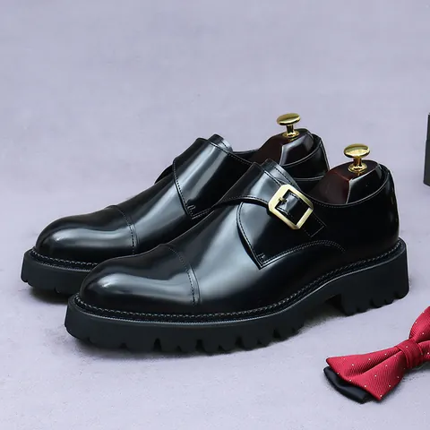 Men's Top Layer Cowhide Leather Monk Strap Dress Shoes Height Increasing Platform Business Formal Shoes Burnished Brown Black