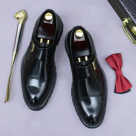 Men's Top Layer Cowhide Leather Monk Strap Dress Shoes Height Increasing Platform Business Formal Shoes Burnished Brown Black
