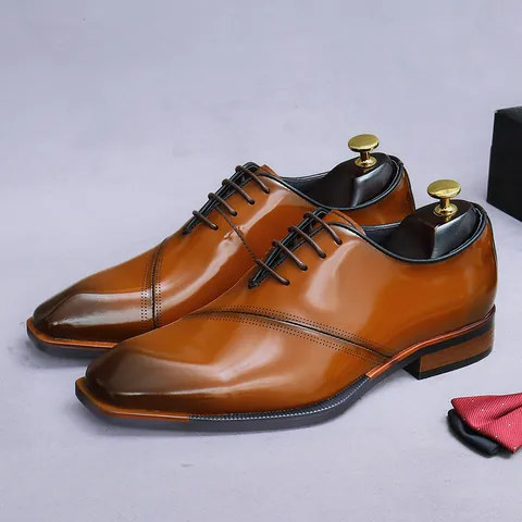 Men's Business Dress Shoes Head Layer Cowhide Lace-up Burnished Pointed Toe Oxford Shoes Professional Wedding Office Shoes