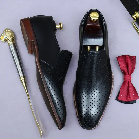 Men Genuine Cowhide Leather Perforated Loafers Business Casual Slip On Breathable Hollow Out Gentleman Formal Dress Shoes