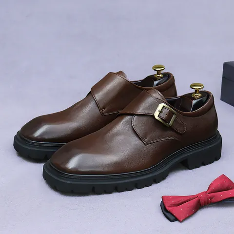 Men's First Layer Cowhide Leather Single Monk Strap Shoes Thick Sole Business Formal Wedding Dress Shoes With Metal Buckle