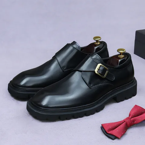 Men's First Layer Cowhide Leather Single Monk Strap Shoes Thick Sole Business Formal Wedding Dress Shoes With Metal Buckle