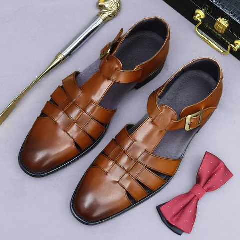 Sandalias de Cuero de Vaca de Primera Capa para Hombre Transpirables Tejido Calado Zapatos de Negocios Casual Caballero Vintage Hebilla Oro