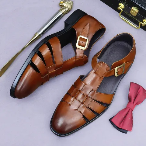 Sandalias de Cuero de Vaca de Primera Capa para Hombre Transpirables Tejido Calado Zapatos de Negocios Casual Caballero Vintage Hebilla Oro