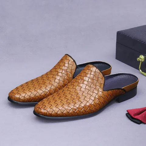 Mulas de Cuero Genuino Trenzado para Hombre Punta Cerrada Medio Zapatillas Transpirable Mocasines de Cuero Casual Negocios