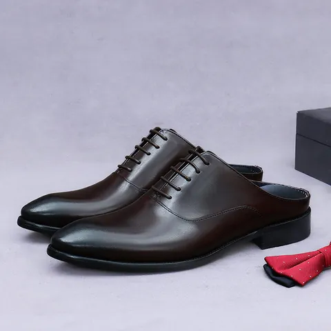 Zuecos de Cuero de Vaca para Hombre de Negocios Punta Estrecha Bruñido Sin Talón Zapatos Oxford Casual Caballero Pantuflas Cordones Calzado