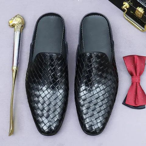 Mulas de Cuero Genuino Trenzado para Hombre Punta Cerrada Medio Zapatillas Transpirable Mocasines de Cuero Casual Negocios