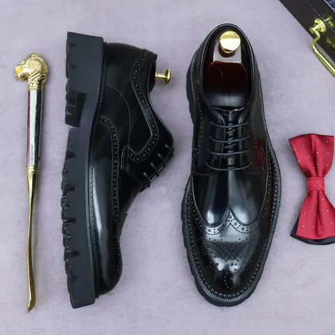 Men's Genuine Cowhide Leather Wingtip Brogue Derby Shoes British Style Thick Lug Sole Formal Office Wedding Business Dress Shoes