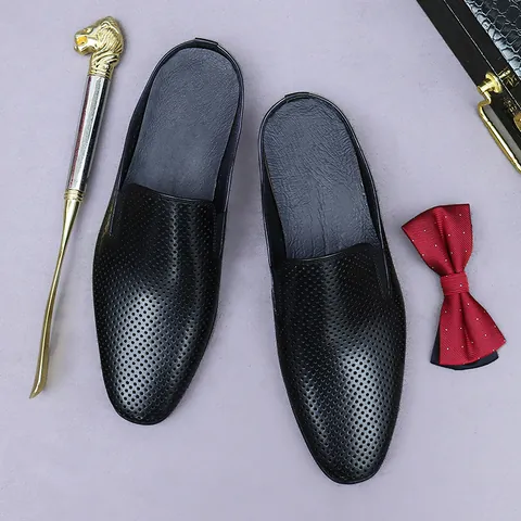 Mules da Uomo in Vera Pelle Traforata a Punta Chiusa Ciabatte Vintage Sfumate in Pelle di Vacchetta Mocassini Casual Traspiranti