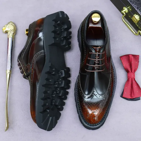 Men's Genuine Cowhide Leather Wingtip Brogue Derby Shoes British Style Thick Lug Sole Formal Office Wedding Business Dress Shoes