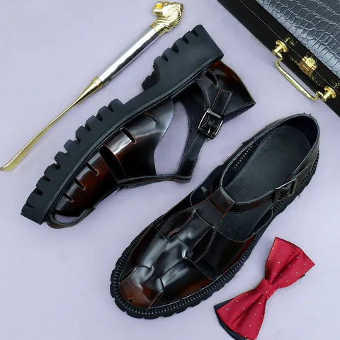 Men's Top Grain Cowhide Fisherman Sandals Thick Lug Sole Retro Closed Toe Business Casual Buckle Shoes For Men 23695