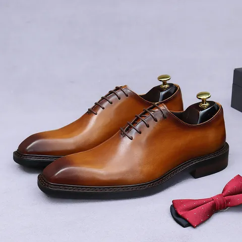 Men's Business Formal Oxford Shoes Genuine Cowhide Leather Lace-up Square Toe Gentleman Wedding Party Dress Shoes