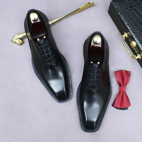 Men's Business Formal Oxford Shoes Genuine Cowhide Leather Lace-up Square Toe Gentleman Wedding Party Dress Shoes