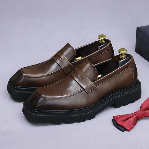Men's Top Grain Cowhide Leather Loafers Square Toe Business Casual Thick Sole Height Increasing Professional Formal Dress Shoes