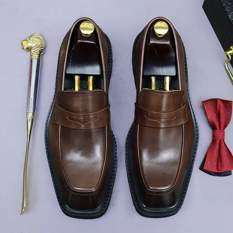 Men's Top Grain Cowhide Leather Loafers Square Toe Business Casual Thick Sole Height Increasing Professional Formal Dress Shoes