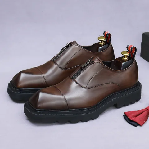 Men's Cowhide Business Dress Shoes Front Zipper Square Toe Height Increasing Platform Formal Office Wedding Party Leather Shoes