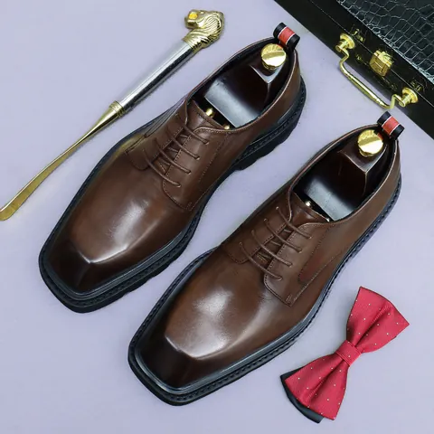 Men's Genuine Leather Derby Shoes Square Toe Platform Height Increasing Business Formal Lace Up Dress Shoes Office Wedding